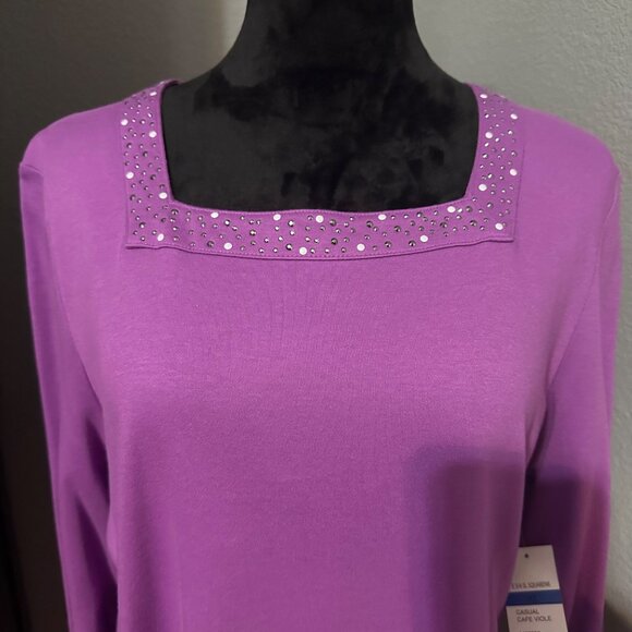 Kim Rogers Womens Blouse XL Purple Square Neck Studded 3/4 Sleeve Cotton NWT - Picture 2 of 9